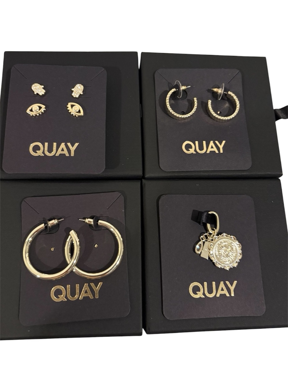 NWT Bundle of 4 Quay Australia Jewelry Pieces Hoops Studs Charm Gold Tone